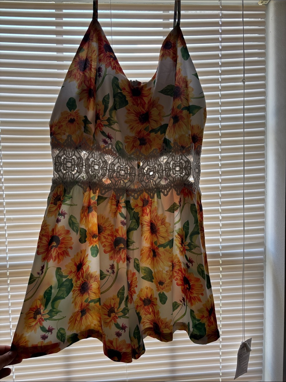 Sunflower Print Lace Waist Romper - Yellow & Green